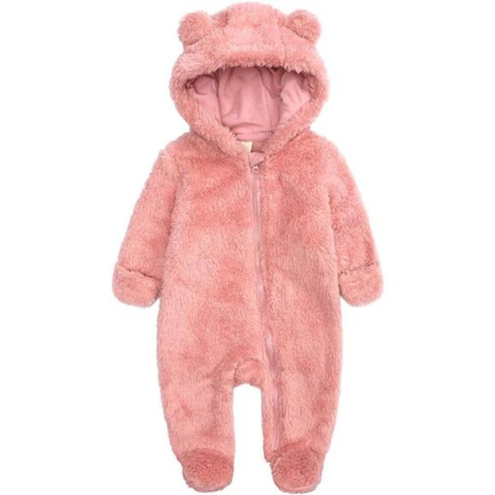 Newborn Baby Jumpsuit Hooded Fleece Rompers Long Sleeve Outwear, 6-9Months, Pink